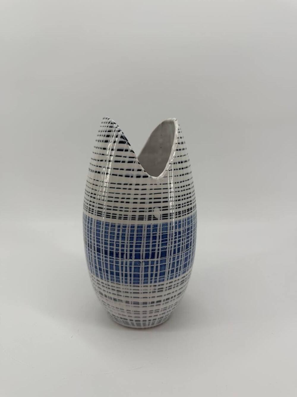 Vintage Fratelli Fanciullacci Italian Ceramic Vase Blue Grid 18cm 1.15lb